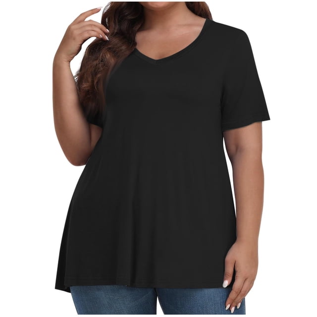 Timegard Womens Summer Tops Plus Size V-Neck Short Sleeve Comfy Long Tops Basic Tee Casual Loose Blouse