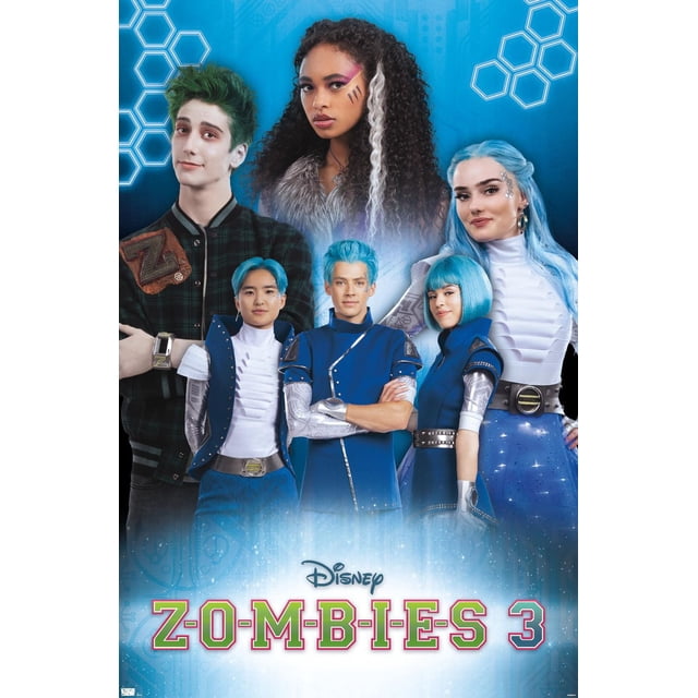 Disney Zombies 3 - Affiche Murale de Groupe avec Punaises, 22,375 Po x 34 Po Mettant en Vedette six Personnages en Tenues Futuristes et Scolaires Bleues, Blanches et Vertes avec des Détails Métalliques et en Fourrure, sur Fond Bleu avec des Motifs Hexagonaux. le logo Disney Zombies 3 Est au Bas. Idéal pour la Déco Murale de Chambre Ou de Dortoir.