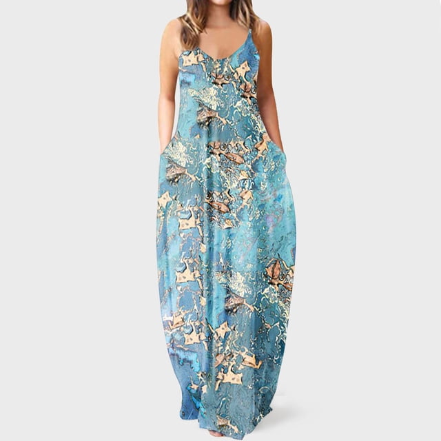 SMihono Robe Maxi Bohème d'Été pour Femmes Grande Taille Mode pour Femmes à Bretelles Taille Mi-Haute Col en V Sans Manches à Rayures Imprimées Ajustée Robe Longue de Plage Robe Évasée de Plage