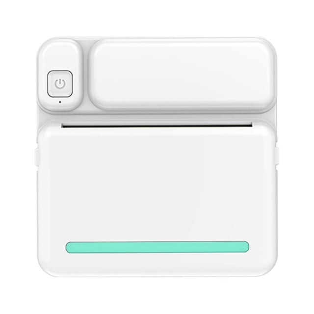 EGNMCR Thermal Portable Bluetooth 57mm Wireless POS Thermal Image Photo Printer designed for Android and iOS mobile phones. The compact white printer features a sleek design with a power button on the top left and a mint green accent line on the front. It uses thermal inkless black-and-white printing technology, supports Bluetooth connectivity, and is compatible with 57x25mm paper rolls. Ideal for printing photos, labels, and notes on the go, it includes a 1200mAh rechargeable battery for portability. Package includes a USB cable, manual, and a roll of printing paper.