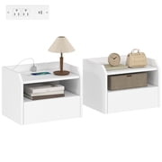 HOMCOM Set of 2 Floating Nightstand w/ Charging Station Bedside Table White