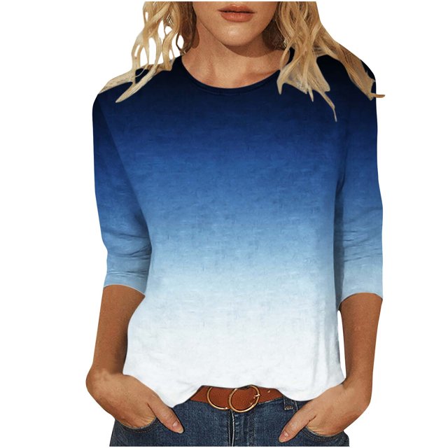 Pompotops Femmes Mode Col Rond Imprimé Dégradé Manches Trois-Quarts Hauts Blouse Chemise en Solde