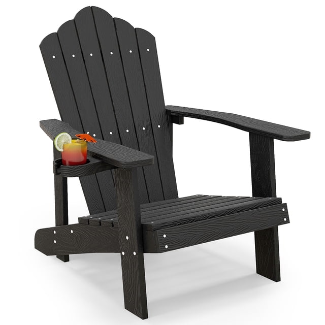 Gymax Patio Hanches Extérieur Résistant aux Intempéries à Lattes Chair Adirondack Chair avec Porte-Gobelet en Noir. Cette Chaise Présente un Dossier Haut en Forme de Coquille, un Siège à Lattes Profilé et de Larges Accoudoirs avec un Porte-Gobelet Coulissant Dissimulé. Fabriquée en Matériau HIPS durable à texture Boisée, Résiste à la Décoloration, aux Fissures et à la Déformation. la Conception Ergonomique Comprend une Inclinaison de 103° pour le Confort et un devant en Cascade pour s'Asseoir et Se Tenir Debout Facilement. Convient aux Espaces Extérieurs comme les patios, les Balcons et les Zones