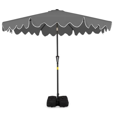 Costway Parasol de Patio 9 Pi avec Sacs de Sable à Base Lestée, Inclinaison à Bouton-Poussoir, Manivelle, Nervures Robustes, Gris