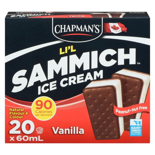Chapman's Li'l Sammich Vanilla Ice Cream in a Box with 20 single-serve 60mL vanilla ice cream sandwiches coated in chocolate, peanut and nut free, made with 100% Canadian dairy, 90 calories each, suitable for birthdays and sporting events.