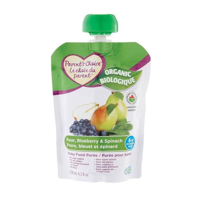 Parent's Choice Purée d'Aliments pour Bébé Biologique Poire, Bleuet et Épinard avec Bouchon Torsadé Vert, avec images de Poire, Bleuet et Épinard, 128 ml, Sans BPA, Sans Sucre Ajouté, Sel, Arômes, Colorants Ou Agents de Remplissage Artificiels, Conçue pour les Bébés de 6 Mois et Plus et Idéale pour une Alimentation Pratique en Déplacement.