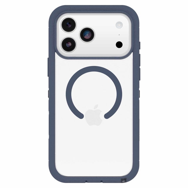 OtterBox Defender Pro XT Clear MagSafe Case w/Camera Control Bootcut in blue for iPhone 17 Pro Max, with a clear back and blue rubber frame, dual-layer design offering 7X military drop protection, precise camera cutouts, integrated MagSafe magnets, raised edges for screen and camera protection, and port covers to block dust and dirt.