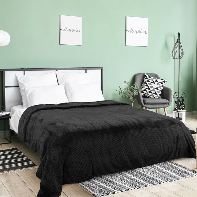 PiccoCasa Couverture de Lit en Molleton de Luxe, Maille Tissée, Double, Noire