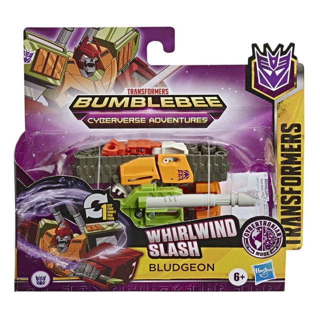 Transformers Bumblebee Cyberverse Adventures Attaquants d'Action : Figurine d'Action Bludgeon en 1 Étape en mode Véhicule avec Pièces en Plastique Vertes, orange et Grises, Affichée dans un Emballage Violet et Jaune avec logo Decepticon et Mouvement d'Attaque Tourbillon, Idéale pour les Enfants de 6 Ans et Plus.