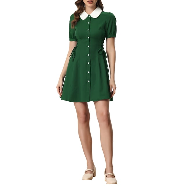 INSPIRE CHIC Robe à Lacets pour Femme à Boutons, Col Peter Pan Contrastant, TG, Vert