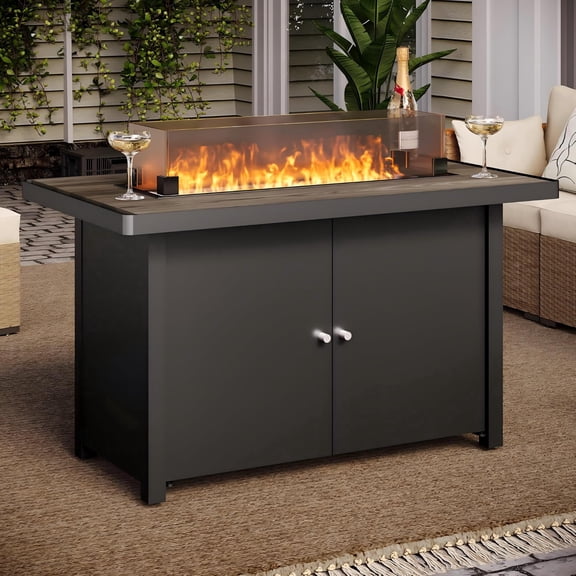 KAMEROUT Foyer Extérieur de 43 Pouces, Table de Foyer au Propane pour Patio de 55 000 BTU avec Plateau à Grain de Bois et Pare-Vent, Noir