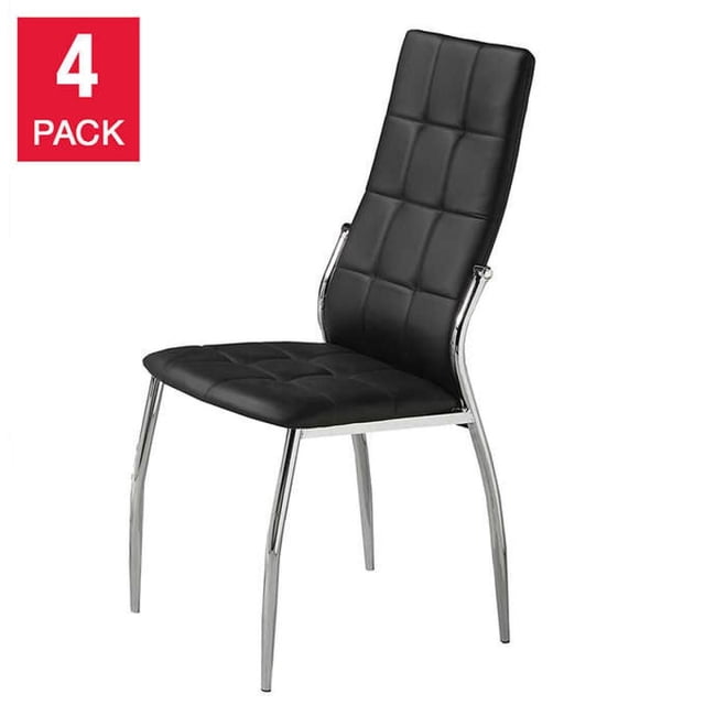 Chaise de Salle à Manger Amelia, Ensemble de 4, Noir avec Siège et Dossier Rembourrés en Similicuir Noir avec Surpiqûres Carrées Capitonnées, Supportée par des Pattes Métalliques Évasées Fini chrome au design Contemporain Sans Accoudoirs, Idéale pour les Sièges de Salle à Manger Ou de Cuisine et Souvent Utilisée comme Siège Supplémentaire pour les Bureaux à Domicile.