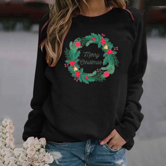 Chandails en Molleton pour Femmes Col Rond Mode Décontractée Manches Longues Imprimé de Noël Chandails en Molleton Hauts Blousese Chandails en Molleton pour Femmes Sans Capuche en Liquidation