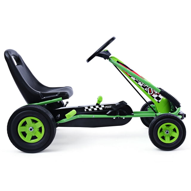 Patiojoy Kids Go Kart Pedal Powered Tricycle Racing Ride On Bike Toy Scooter Trainer Trike in green. This pedal go-kart features a durable metal frame, ergonomic adjustable high-backed bucket seat, and EVA rubber tires for wear and shock resistance. Designed for children aged 3 to 8 years with a weight capacity of 66 lbs, it includes a clutch, brake, and pedals for easy control. The go-kart has a forward and backward function, making it suitable for both indoor and outdoor play. Dimensions are 40 inches long, 24 inches wide, and 24.5 inches high.