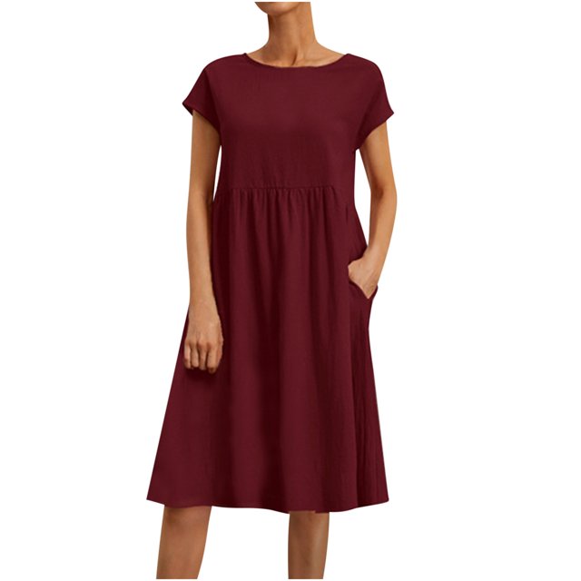 RKSTN Robes d'Été pour Femmes 2023 Décontractées en Coton et Lin Couleur Unie Longueur Genou Jupes Col Rond Manches Courtes Robe Midi avec Poches