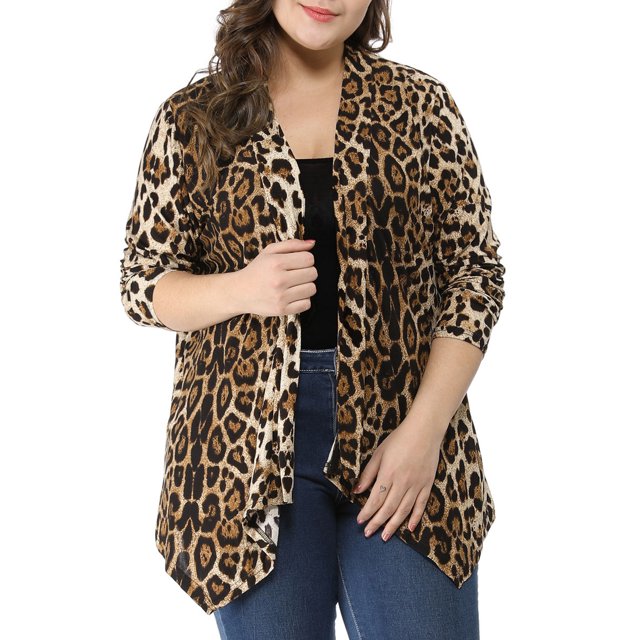 Agnes Orinda Women's Plus Size Cardigans Leopard Floral Printed Open Front Lightweight Jacket Fall Knit Cardigan 2X Beige