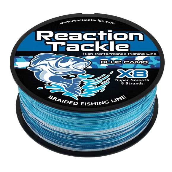 Reaction Tackle X8 Ligne de Pêche Tressée à 8 Brins – Tresse PE Super Solide et Résistante à l'Abrasion – Longue Portée, Zéro Étirement – Eau Douce et Eau Salée - Camouflage Bleu - 50 Lb / 3000 Yd