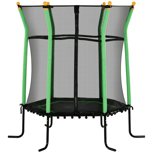Soozier Trampoline pour Enfants de 63 Pouces avec Filet de Protection pour l'Intérieur, Vert. Ce Petit Trampoline Présente un Cadre en Acier Enduit de Poudre, un Filet anti-UV et un design à Élastiques Sans Ressort pour une Sécurité Accrue. le Trampoline Comprend des Poteaux Épais Rembourrés, une Porte Zippée pour un Accès Facile, et un Cadre Léger Mais stable. Conçu pour les Enfants de 3 à 10 Ans, Il Mesure 63 Pouces de Diamètre et 64,4 Pouces de Hauteur, avec une Capacité de Charge de 110 Lb.