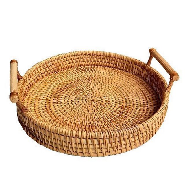 Canghai Panier à Pain en Rotin Plateau à Biscuits Rond Plateau à Thé Tissé avec Poignée pour Dîner Café Petit Déjeuner
