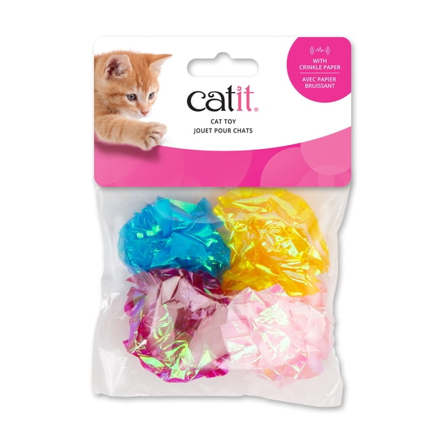 Catit Crinkle Paper Ball Cat Toy 4pk containing four multicoloured crinkle paper balls in blue, yellow, pink, and purple, designed to stimulate cats' natural hunting instincts and encourage active indoor play and exercise for cats of all ages.