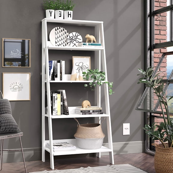 Madesa Modern 5-Tier Ladder Shelf Pantry Storage Space 24 Inch Wooden Free Standing Bookshelf Utility Shelves for Home Office Study Room and Kitchen - White