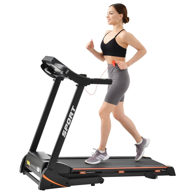 Folding Electric 3.5HP Treadmill with Incline, a foldable home fitness machine featuring a motorized LCD display and a 16.5-inch wide EVA composite tread belt. It supports up to 330 lbs and offers a maximum speed of 14.8 km/h. The treadmill includes 3 manual incline levels, 6 shock absorbers for reduced noise, and 12 automatic workout programs. Additional features include a safety emergency stop key, integrated tablet and cup holder, and transportation wheels for easy mobility. A woman is shown jogging on the treadmill in a home setting.