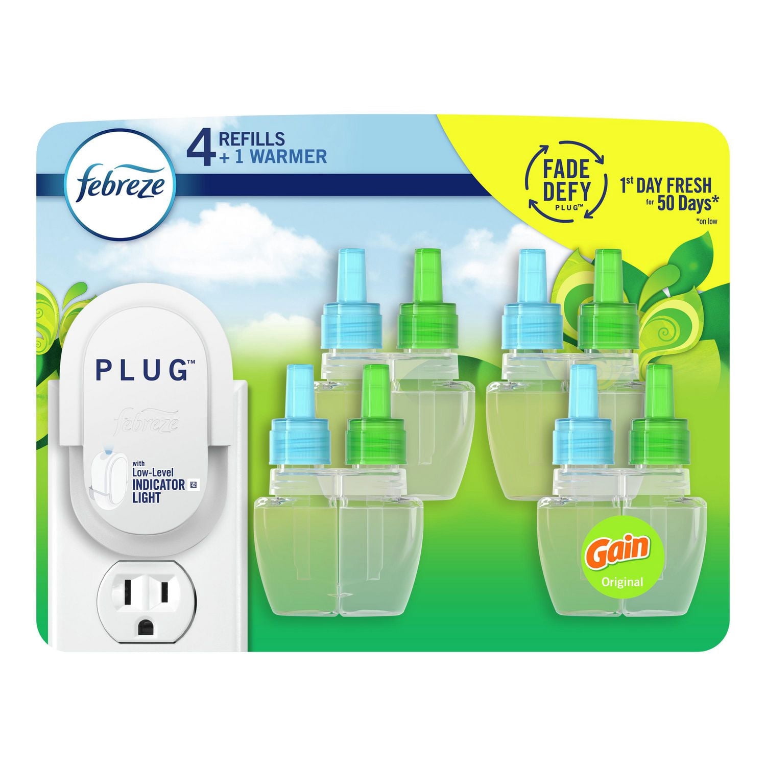 Febreze Plug In Air Freshener, Odor-Fighting Scented Oil Starter Kit, Gain Scent, 1 Warmer + 4 Refills