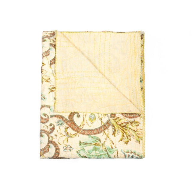 KANTHA Jeté en Coton BLANKET 50 Pouces X 70 Pouces Plié pour Montrer des Surpiqûres Matelassées sur Tissu Crème avec Motifs Floraux et Cachemire en Vert, Brun et Bleu, Fait à la Main à Partir de 100 % Coton, Convient comme Jeté de Literie Ou Tapisserie Décorative.