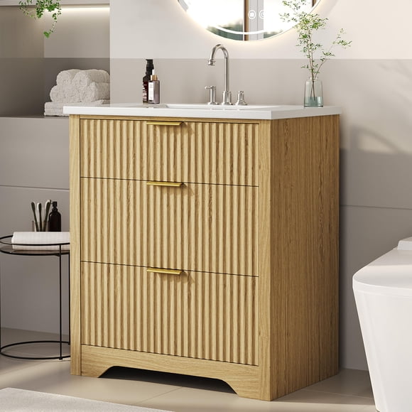 QinaQin Recessed Bathroom Vanity with Sink, Farmhouse Style Freestanding Bathroom Sink Cabinet with 2 Drawers and 1 Flip-Top Drawer, Easy To Assemble and Clean