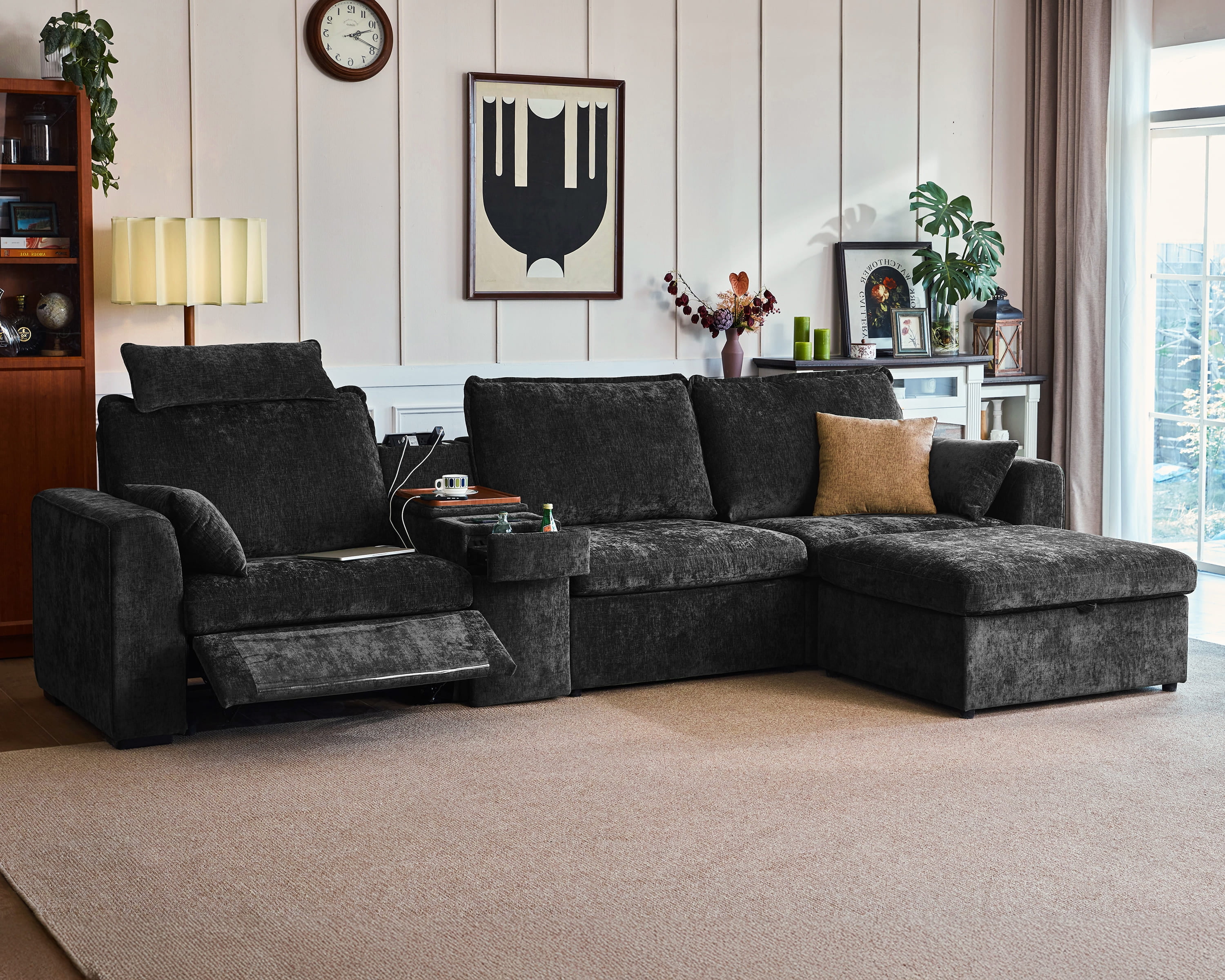 BEDEEP 139'' Power Recliner Sofa with Headrest Console, Moduar Cloud Sectional Chenille Reclining Couch with Storage Ottoman Chaise, Convertible 4-Seater Sofa Couch for Living Room RV, Black