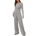 thumbnail image 1 of Timegard Women 2 Piece Outfits Slim Long Sleeve Round Neck Tops Drawstring Wide Leg Pants Solid Color Sets, 1 of 7