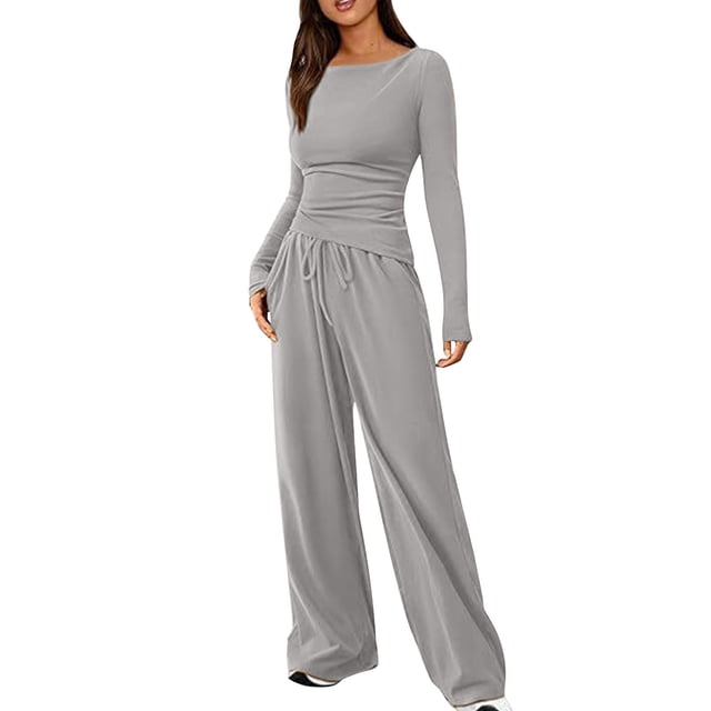 Timegard Women 2 Piece Outfits Slim Long Sleeve Round Neck Tops Drawstring Wide Leg Pants Solid Color Sets