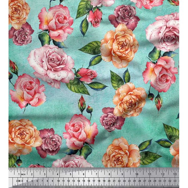 Soimoi Tissu en Coton Cambric Vert Imprimé Feuilles & Roses au Mètre 42 Pouces de Large
