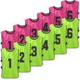 thumbnail image 1 of 12-Piece Kids' M Size Team Training Pinnies: 6 Fluorescent Green and 6 Pink Polyester Sports Vests with Clear Front/Back Numbers - Breathable, Absorbent, Washable for Football, Basketball, Volleyball, 1 of 7