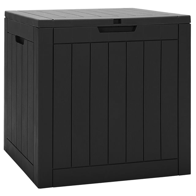 Costway 30 Gallon Deck Box Storage Container in black with a wood grain texture. Designed for outdoor use, it features a lockable lid, recessed side handles, and durable weather-resistant PP material. Ideal for storing patio supplies, garden tools, or pool toys, and doubles as seating or a side table.