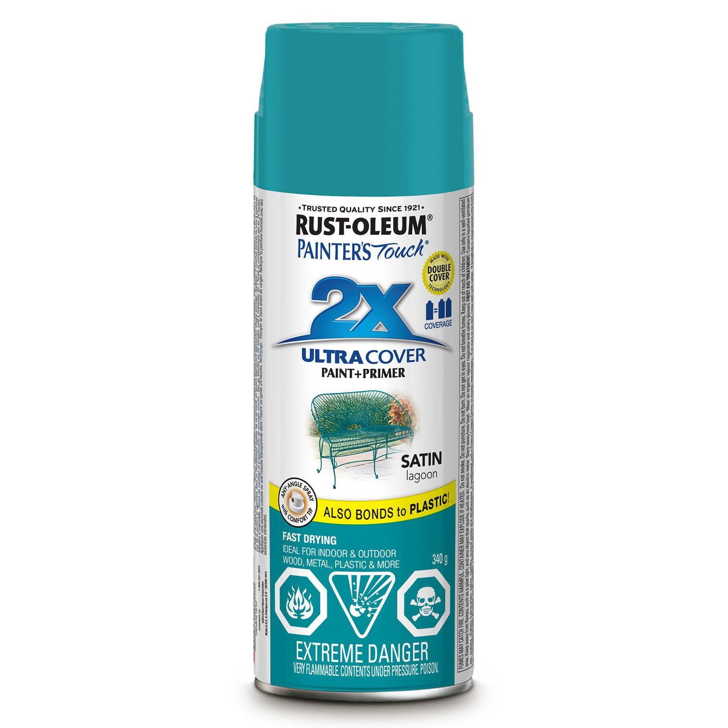 Rust-Oleum Painter's Touch 2X Ultra Cover Peinture et apprêt polyvalents en Satin Lagoon, aérosol de 340 g