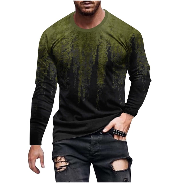 Penkiiy Chemises Décontractées pour Hommes Mode Imprimé 3D Manches Longues Col Rond T-Shirt de Sport Blouses Chemises 3TG Vert Armée