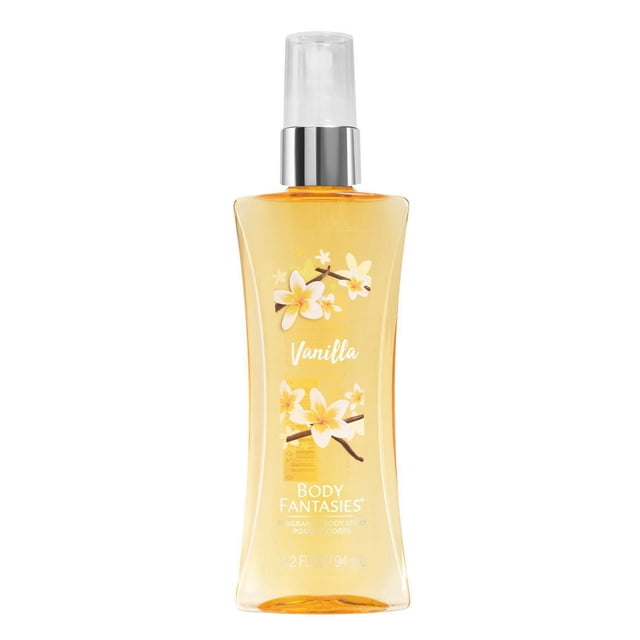 Body Fantasies Vanilla Fragrance Body Spray 94ml in a transparent curved bottle with silver spray pump and clear cap, decorated with vanilla flowers and vanilla bean illustrations, providing a light, fresh scent suitable for layering or daily use.