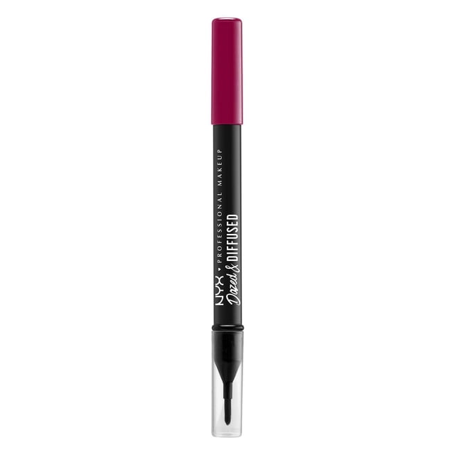 NYX Professional Makeup Dazed & Diffused Blurring Lipstick in Get Down, featuring a deep berry cap, black matte crayon body with white branding, and a clear cap covering a flat synthetic lip brush for blending blurred, full color, or ombré lipstick looks, suitable for creating soft-edge lip effects.