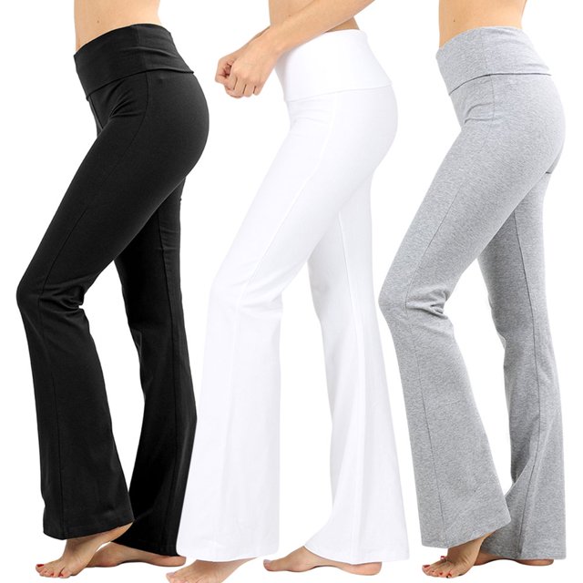 CHUANK Womens & Plus Stretch Cotton Fold-Over High Waist Bootcut Workout Flared Yoga Pants