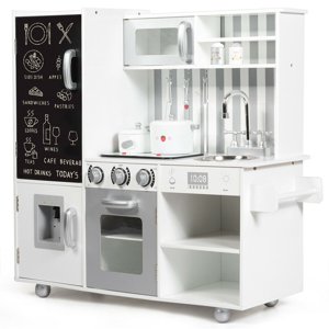 Costway Jouet de cuisine en bois pour enfants Cuisson Pretend Play Setw/ Utensiles, Sons & Mots-clés blancs