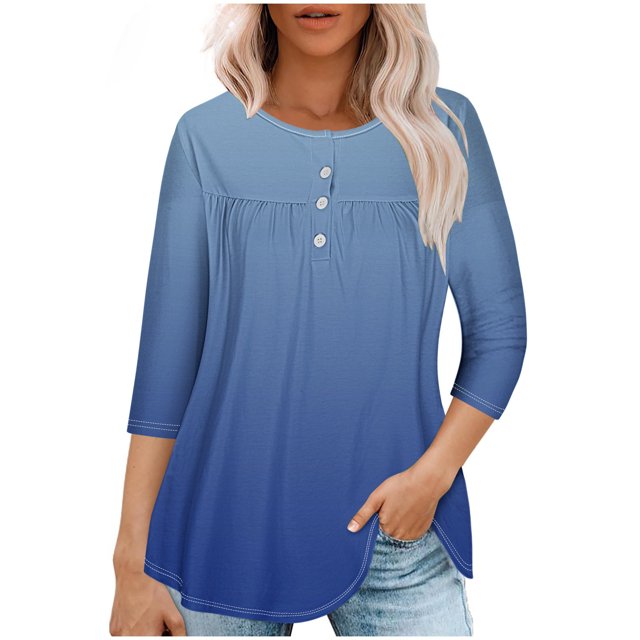 Pisexur Womens Plus Size Sweatshirt Gradients 3/4 Length Sleeve Tops Fall V-Neck Blouses Spring Ruffle Sleeve Tunic T-Shirts Dressy Casual