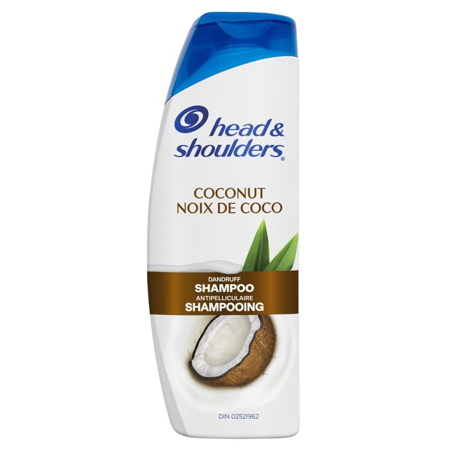 Head & Shoulders Coconut Dandruff Shampoo bottle with a white curved body and blue flip-top cap, featuring coconut and green leaves imagery, labeled in English and French as anti-dandruff, hydrating, and color safe shampoo for healthy scalp care.