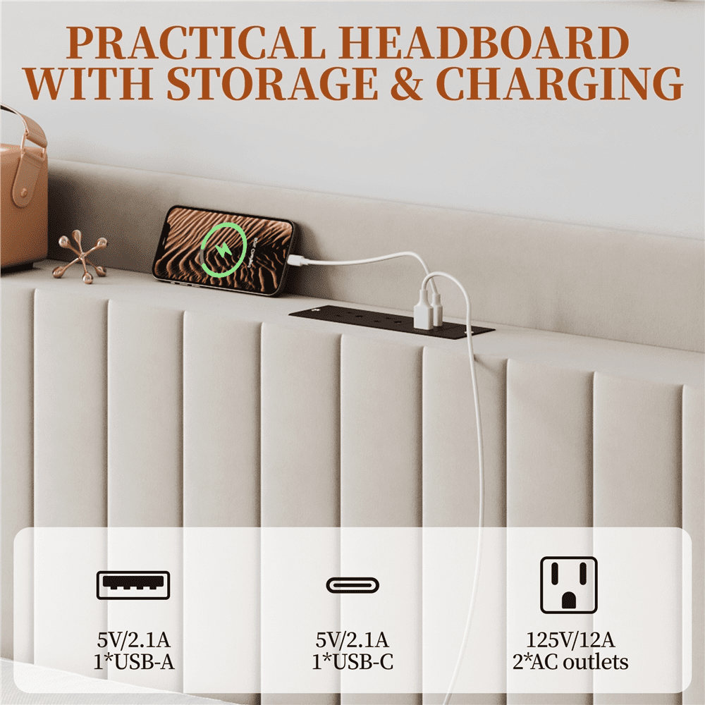 FullFurnique Cadre de Lit Capitonné en Velours avec Prises de Courant et Ports USB, Double, Beige