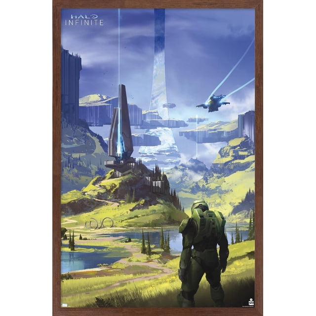 Halo Infinite - Affiche Murale de Master Chief pour la Vallée, 14,725 Pouces x 22,375 Pouces Encadrée, Montrant Master Chief en Armure Verte Debout sur une Colline Herbeuse Surplombant une Vallée avec des Lacs, des Tours Futuristes et une Grande structure en Forme d'Anneau dans le Ciel sous un Ciel Bleu, avec un Aéronef Volant et des Faisceaux Lumineux Suivants, Convient à la Décoration Murale de Chambre Ou de Bureau.