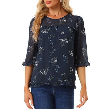 INSPIRE CHIC Women's 3/4 Sleeve Shirts Floral Chiffon Blouses Navy-Blue Floral S