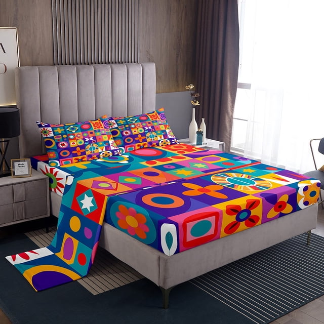 YST Groovy Flower Print Bed Sheets for Kids Teens Adult,Aesthetic Geometric Sheet Set,Colorful Patchwork Fitted Sheet Soft,Bohemian Disco Style Bedding Set 4pcs Queen