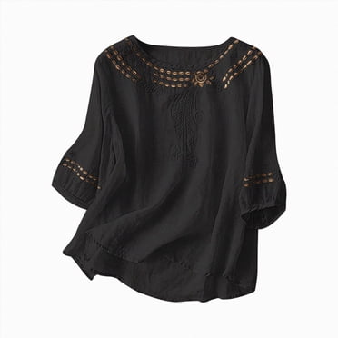 WUANDIXFA Hauts pour Femmes Chemises en Lin pour Femmes Rétro Broderie Été Ample Manches 3/4 T-Shirts Tuniques Hauts Blouses Décontractées Vêtements Boho,Noir,TG