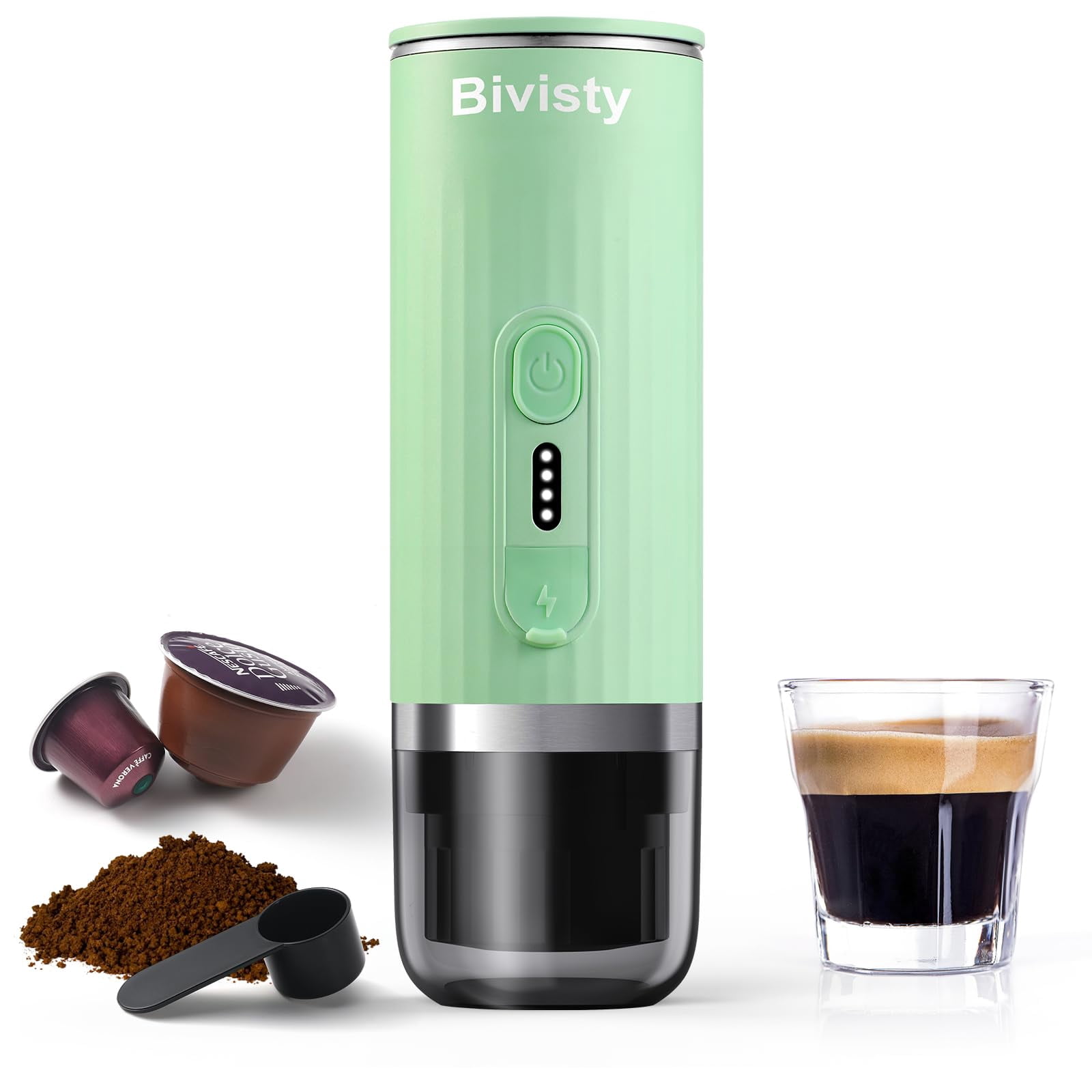 Bivisty Portable Espresso Maker, Wireless Self-heating, Mini Coffee Maker, 80ml Water Tank, Ground Coffee Compatible with Nespresso & Dolce Gusto for
