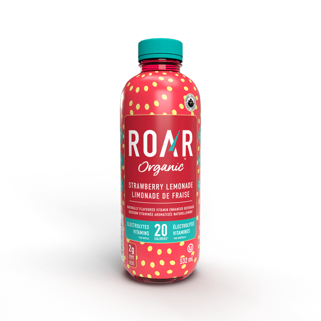 Strawberry Lemonade ROAR Organic sports drink bottle with red and yellow polka dots and teal cap, labeled with 20 calories, electrolytes, vitamins C, B5, B12, and 532 ml volume, ideal for organic hydration and vitamin enhanced refreshment.